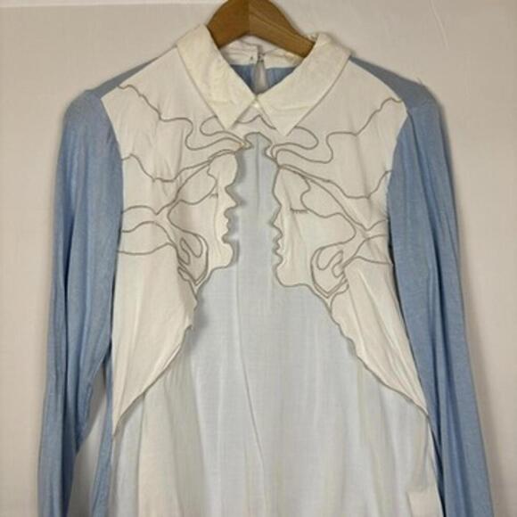 OPi Blue and white Embroidered Layered Blouse with Collar Size: Medium - Picture 3 of 7